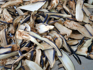 Sliced dry aubergines dried in the sun, dried eggplant slices, drying eggplant, dried foods,