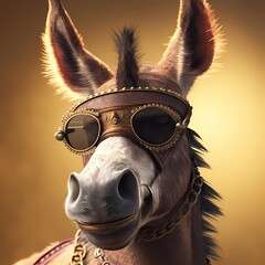 Cool rich donkey in sunglasses. Cute funny animal illustration. Generative AI