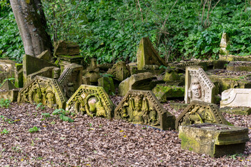 Ancient stone reliefs covered with moss