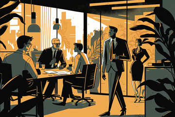 Fototapeta na wymiar Business graphic vector modern style illustration of business people meeting in an office or city environment meeting agreeing recruiting interviewing sealing deal or agreement together