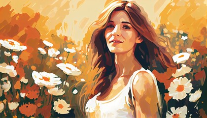 Obraz na płótnie Canvas Woman standing in a field of flower, Generative AI