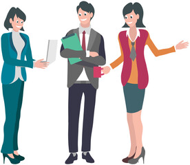 Business partners have meeting in office. Discussion and brainstorming process, employee conversation. People discuss data at workplace with laptop. Colleagues analyze data, plan development strategy