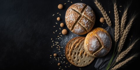Top view of fresh bread with a black background and copy space. A flat lay of freshly baked homemade loaves of rye and wheat bread. Generative AI
