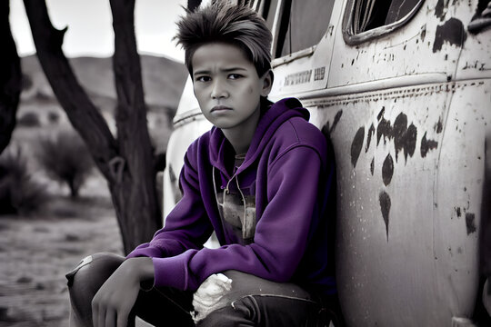 Colorful childhood series - Native American teenage boy sitting in front of old camper, Generative AI