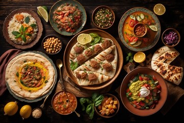 Typical Middle Eastern meal. Arab cuisine that is real. party cuisine meze. Aerial, flat lay, and top views. Generative AI
