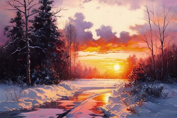Winter sunset. Oil painting.
Generative AI art.