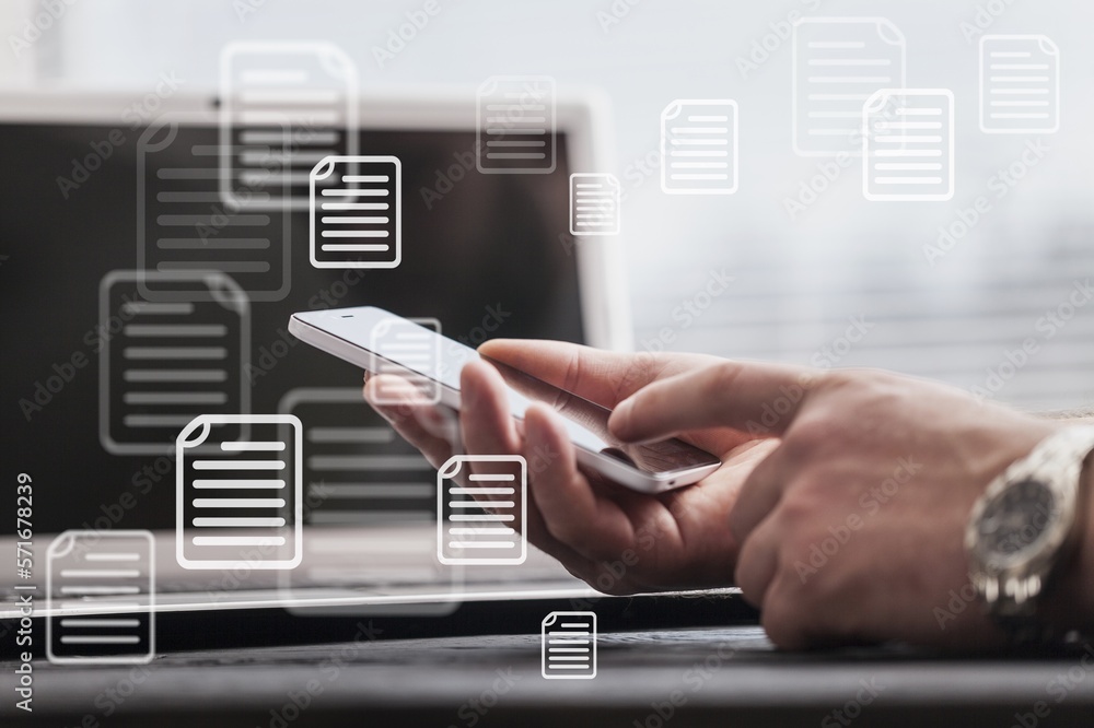 Poster corporate data system with document images on office desk background
