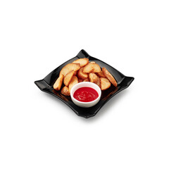 rustic potatoes on black plate with tomato ketchup on white background isolated