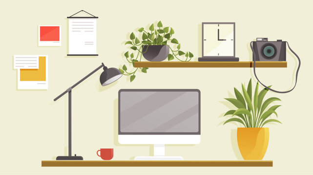 Empty office, place for work at home. Working space interior design. Workplace of employee with computer. Desktop, monitor, lamp, shelf with decorative elements, potted plants. Study place at table