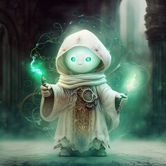 As a magician, the robot wears a robe.  magic art style