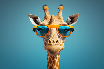 Fototapety  Portrait of a giraffe, Cute giraffe looking cool wearing bright yellow tinted blue sunglasses on a blue background. Image created with generative ai