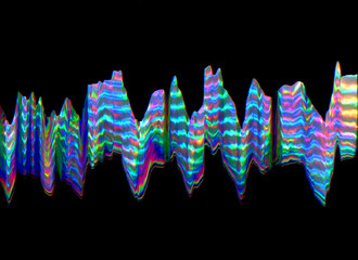 3d Holographic Neon Foil on black Background. Abstract Iridescent Wallpaper art. Holo Glitch Colorful Pastel gradient