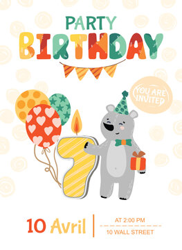 Invitation for a child party. Happy birthday card template. Vector illustration.