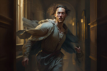 From the Bible, too late the guilt, Judas Iscariot fleeing after realizing what he has done, created with Generative AI technology