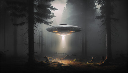 Flying saucer over foggy forest. Unidentified flying object. Generative AI