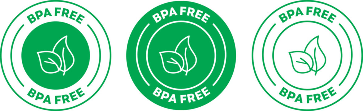 BPA Free icon. green rounded vector badge with leaf and BPA-free text. 