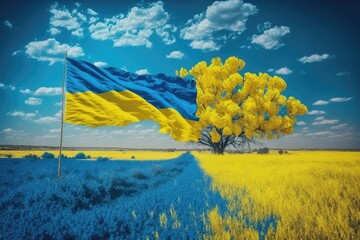Ukrainian flag. Symbol of nature in Ukraine. Yellow field with flowering rapeseed and blue sky. The war with Russia in Eastern Europe. Generative AI - obrazy, fototapety, plakaty
