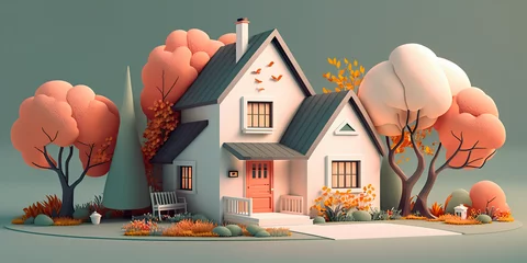 Washable wall murals Khaki Eco House with bushes, tall trees, tidy environment. A pleasant, relaxing home. An imagined homely house with environmentally friendly materials created in 3D with the help of AI.