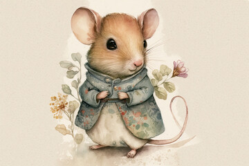Cute little mouse dressed in clothes watercolor, Generative AI