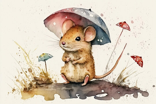 Cute little mouse under mushroom watercolor, Generative AI