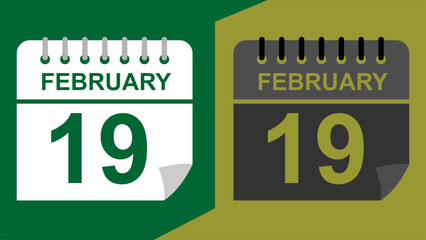 February 19 calendar date on green background or isolated icons with hollow background.
