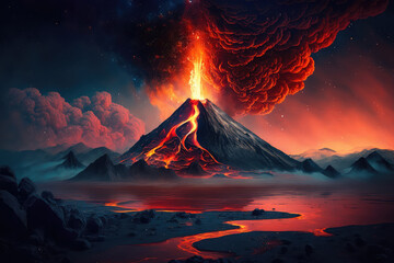 illustration painting of Night landscape with volcano and burning lava. 3D illustration. (ai generated)