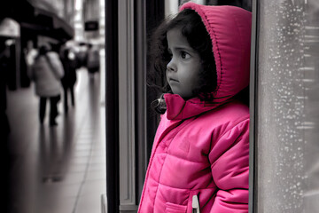 Colorful childhood series - little Middle Eastern girl standing in front of expensive clothes store looking through the window, Generative AI