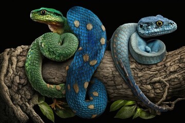 Fototapeta premium Blue insularis, viper snake, blue viper snake on branch, and Trimeresurus Insularis. Generative AI