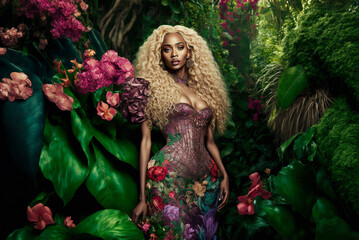 a flirty afirican female with long curly platinum-blonde hair and perfect face dressed in a whimsical and bold tropical forest flowers.,generative ai.