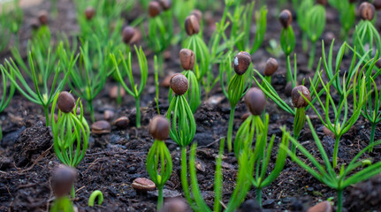 First days of life of some alpine pine (Pinus cembra) sapling . Pinus cembra seedlings. Tree nurseries.