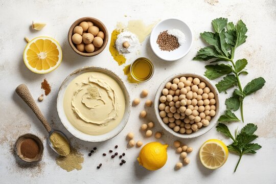 Ingredients in hummus. On a rustic white wooden background, there are chickpeas, tahini paste, olive oil, sesame seeds, sumac, and herbs. a collection of uncooked ingredients for hummus. Mediterranean