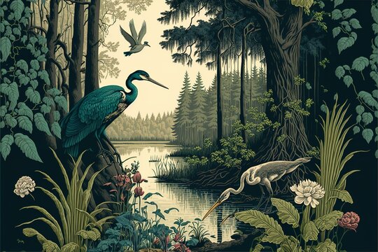 Vintage wallpaper of forest landscape with lake, plants, trees, birds, herons, butterflies and insects © NM Creative Studios