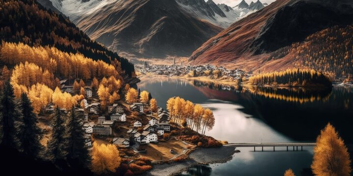 Amazing autumnal view of Surlej village and Silvaplana lake. Locations include Silvaplana, the Maloya neighborhood, the Engadine region, and the Grisons canton in Europe. Generative AI