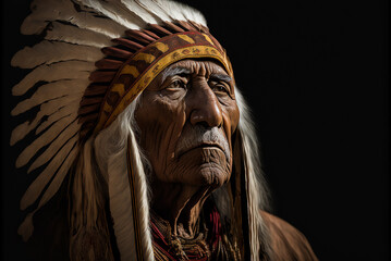 Fototapeta na wymiar Portrait of old male native american on dark background,generative ai.