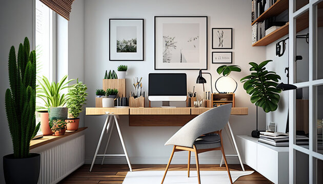 Bright modern home office space &mdash; Generative AI