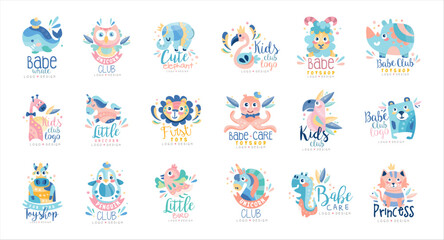 Baby Club logo design set. Toy shop, education center labels, badges with cute animals and birds hand drawn vector illustration