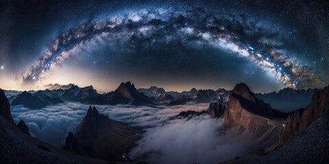 Naklejka na ściany i meble Milky Way in autumnal nighttime fog above mountains. Landscape with an alpine mountain valley, low clouds, a milky way colored starry sky, and city lights Aerial. Italy's Dolomites, Passo Giau. Space