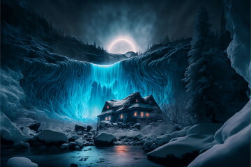 Isolated house under a frozen waterfall at night