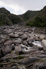 Fototapeta na wymiar View of the river Yuspe in The Giants natural reserve in Cordoba, Argentina. View of the water flowing across the rocks and forest.