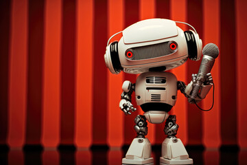 Modern cute funny artificial intelligence bot robot making stand up comedy show on a theatre stage in front of red curtain with copy space, generative AI