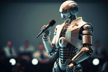 Minimalist white shiny artificial intelligence humanioid robot with illuminated LED light eyes giving a speech to a microphone on stage with copy space, generative AI