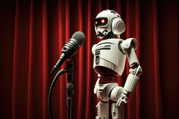 Modern white shiny artificial intelligence bot robot with illuminated LED light eyes making stand up comedy show on a theatre stage in front of red curtain with copy space, generative AI - obrazy, fototapety, plakaty