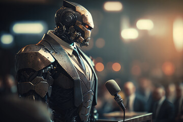 Evil artificial intelligence bot robot dressed as a politician in metal suit giving a speech to a microphone on stage with copy space, generative AI - obrazy, fototapety, plakaty
