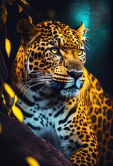 Fototapeta na wymiar Photography, close up of a vivid yellow jaguar in the jungle, neon colors, spotlight. Generative AI.