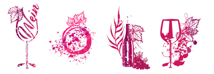 Collection of wine glasses and bottles - Wine Designs. Sketch vector illustration. Hand drawn elements for invitation cards, advertising banner and menu cards. Wine glasses with splashing wine.