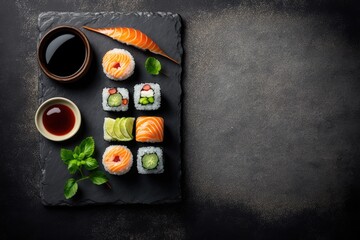 Set of sushi and maki roll on stone table. Top view with copy space. Generative AI