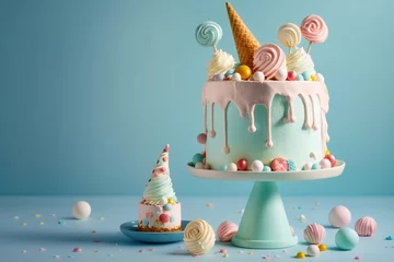 Fotobehang Festive birthday colorful cake decorated with sweets, macarons on a blue background. 3d. Generative AI © Alexandr_DG