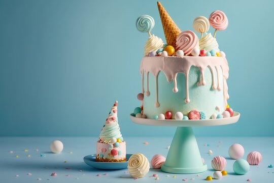 Festive birthday colorful cake decorated with sweets, macarons on a blue background. 3d. Generative AI