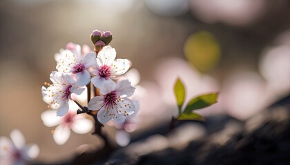 A close-up of a single cherry blossom with blurred trees in the background, portrayed in camera, Spring time cherry blossom sakura, blossom in spring. Generative AI