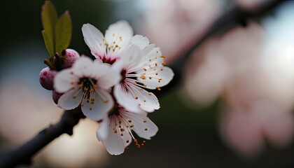 A close-up of a single cherry blossom with blurred trees in the background, portrayed in camera, Spring time cherry blossom sakura, blossom in spring. Generative AI